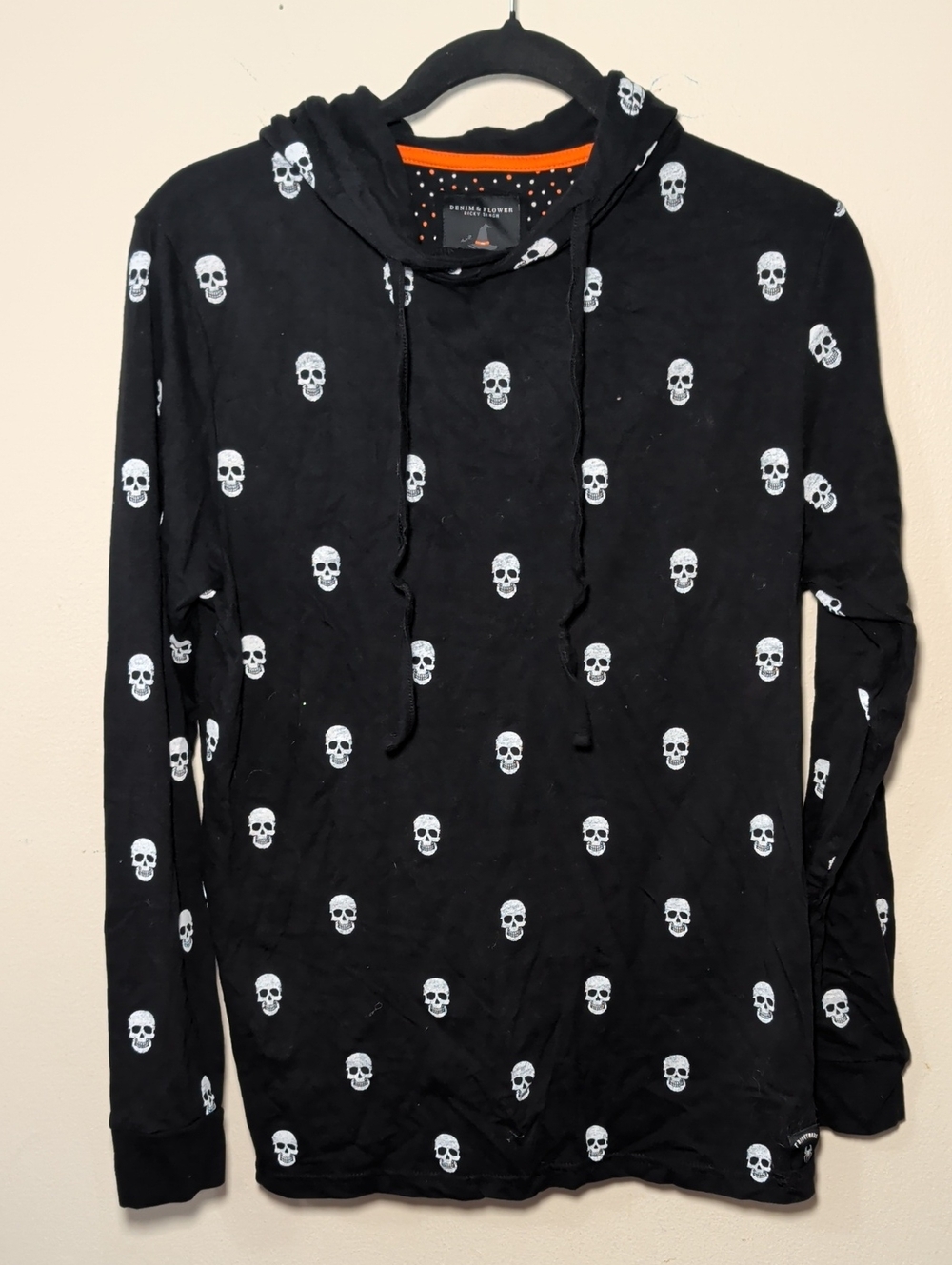 Denim & Flower Skull Halloween Hoodie Black White 100% Cotton Comfy Men's Size S